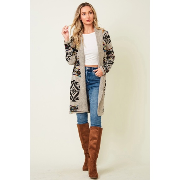 Taupe Multi Color Aztec Tribal Native Western Boho Open Cardigan Sweater - Picture 2 of 10